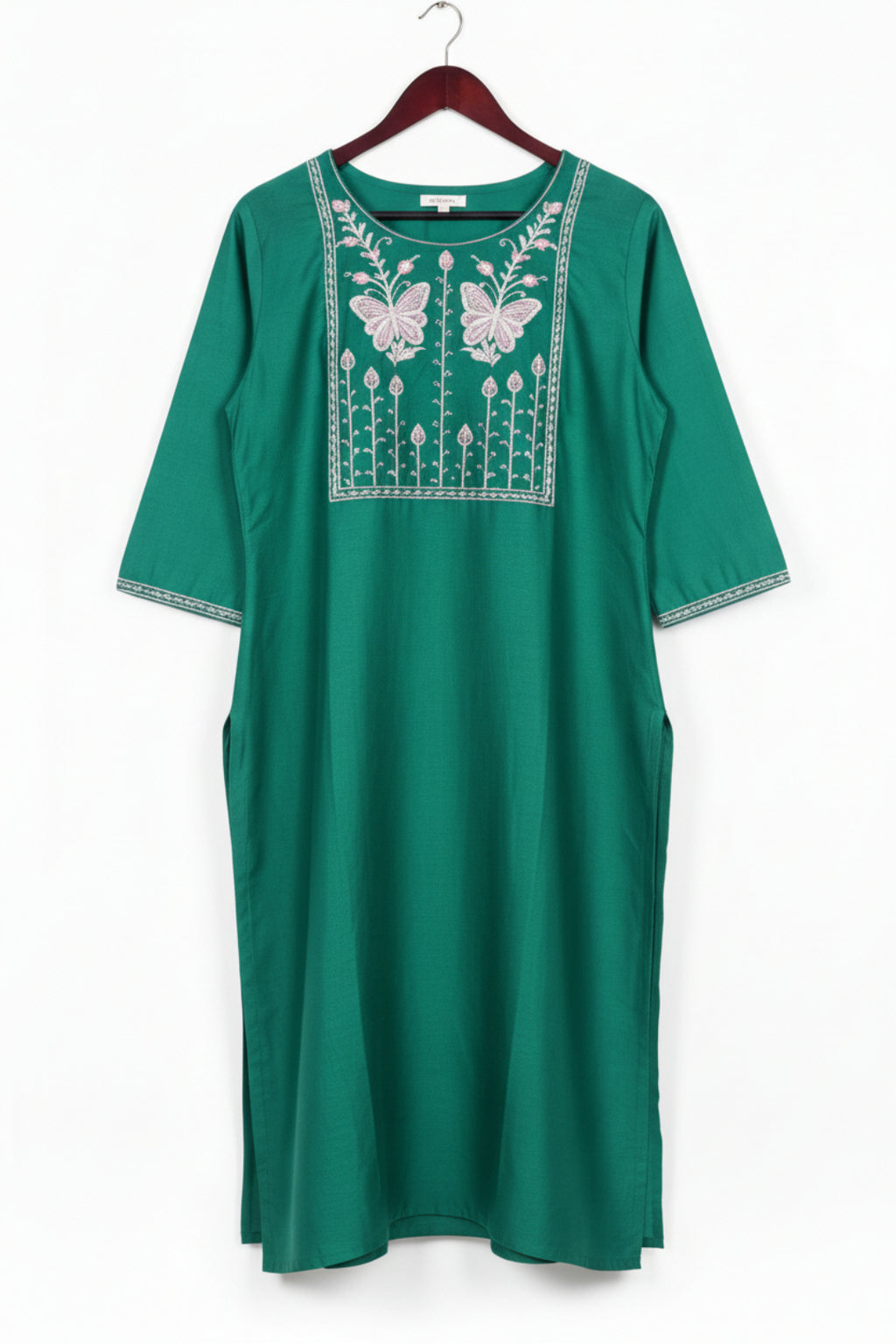 Teal Butterfly & Floral Embroidered Straight Kurta