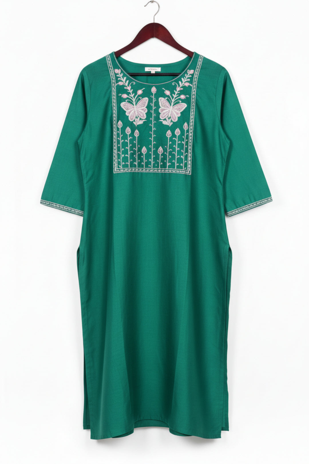 Teal Butterfly & Floral Embroidered Straight Kurta