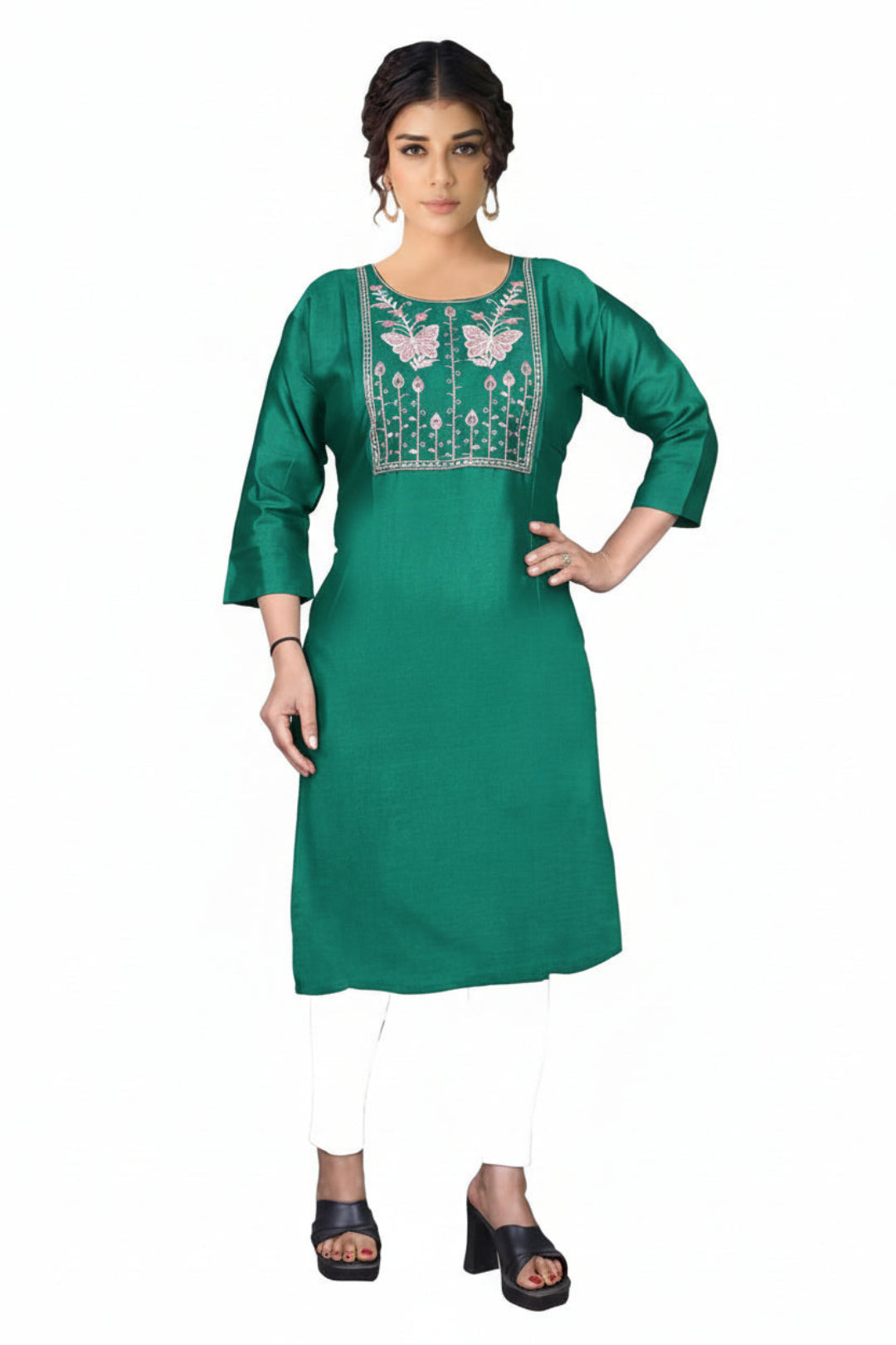 Green kurta with white embroidery on a white background
