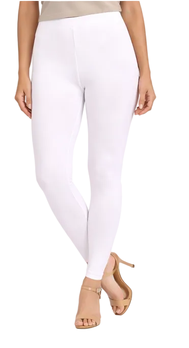 White leggings worn by a person on a white background